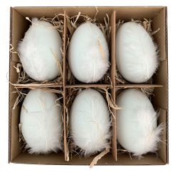 6 Deko Gänseeier zart mint grün mit weißer Feder Deko Ostern 