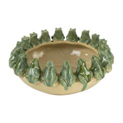 Schale Keramik Handarbeit mit Fröschen beige türkis grün 36 cm, Werner Voss 