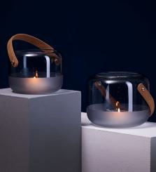 Philippi Windlicht MARLON Rauchglas Gr S + L mundgeblasen mit Griff aus echtem Leder 