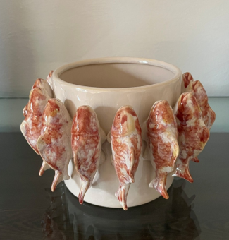 Fisch Übertopf Schale Keramik creme orange gelb Handarbeit 14 cm 